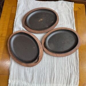 Vintage LODGE UOPB Cast Iron Fajita Platters with Wooden Bases Set of 3 Oval